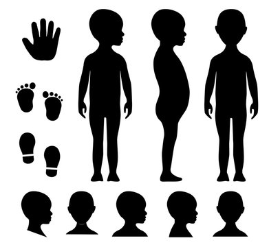 Human body silhouette of a bald naked barefoot kid. Anonymous child head avatar. Palm hand, bare feet and shoe trace