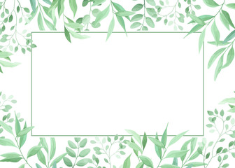 Green leaves frame template. Floral border. Vector illustration.