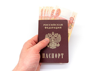 Fototapeta premium Russian Passport and Russian Money, some banknotes of 5000 rubbles, isolated on white Background