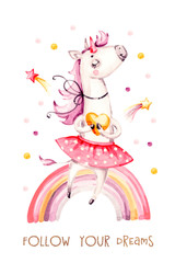Watercolor nursery illustration with unicorn and rainbow. Baby shower, greeting card. Cute background. Love magic fantasy animal. Nursery print. Graphic design card. Cartoon baby art. Design element