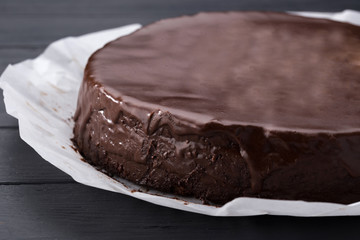 Prague Cake. Cake on the table. Prague chocolate cake on plate. chocolate brownie cake dessert. Free space for text