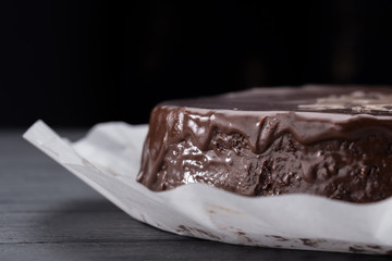 Prague Cake. Cake on the table. Prague chocolate cake on plate. chocolate brownie cake dessert. Free space for text