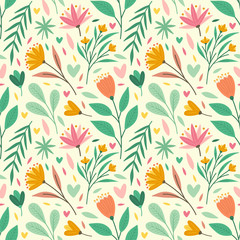 Vector floral seamless pattern, colorful blooming flowers, leaves/leaf and flowers seamless pattern design template, suitable for background, wallpaper, decoration