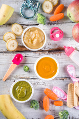 Fototapeta na wymiar Colorful baby food puree