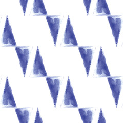 Vector seamless pattern ethnic indigo watercolor with blue triangles and white background.