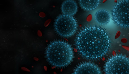 3d rendered Virus Covid-19 in red Blood Stream cell in black background. Coronavirus concept resposible for asian flu outbreak and coronaviruses influenza as dangerous flu strain cases as a pandemic.