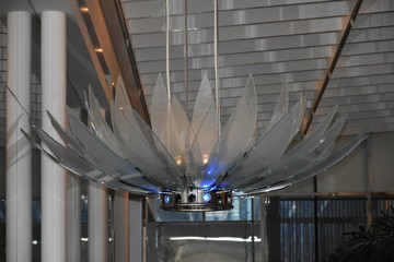 Glass light fixture hanging from ceiling