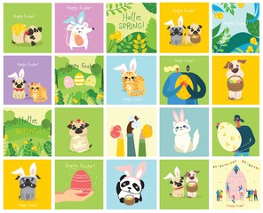 Vector Easter cards with people, cute puppy dog, rat, panda and cat with rabbit ears, spring flower, egg and hand drawn text - Happy Easter in the flat style