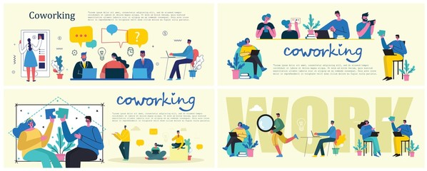 Vector illustration young adult group people meeting, working and talking coworking center. Team teamwork togetherness collaboration concept.