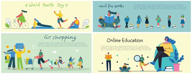 Vector illustration of concept of Team work, Shopping, Online education, Read the books design backgrounds