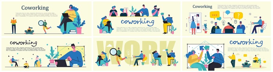 Vector illustration of Connection, Team leader, Online review, Time mamagement, Coworking space, Save the planet, Start up, Team work backgrounds