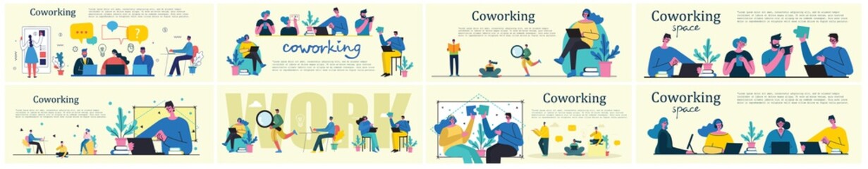 Vector illustration of Connection, Team leader, Online review, Time mamagement, Coworking space, Save the planet, Start up, Team work backgrounds