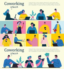 Vector illustration of Connection, Team leader, Online review, Time mamagement, Coworking space, Start up, Team work backgrounds