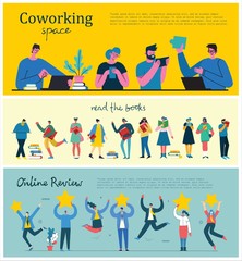 Obraz premium Vector illustration young adult group people meeting, working and talking co working center. Team teamwork togetherness collaboration