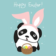 Vector Easter card with cute panda with rabbit ears and hand drawn text - Happy Easter in the flat style