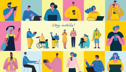 Stay mobile. Connection background with people with laptop and smartphones. Chat, email messaging, sms, mobile concepts for web sites, web banners in modern flat design