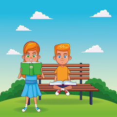 Obraz na płótnie Canvas cartoon girl reading a book and blonde boy sitting on a bench