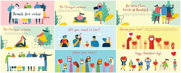 Happy Valentine's Day. People with hearts as love massages. Vector illustration for Valentine's day in the modern flat style