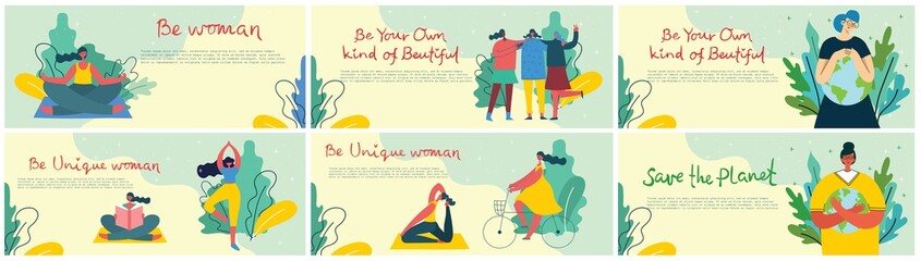 Colorful vector illustration concept cards of Happy Woman's international day. Happy female friends, union of feminists, sisterhood holding the placard in flat design