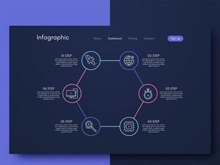 Vector graphics infographics with six options. Template for creating mobile applications, workflow layout, diagram, banner, web design, business reports with 6 steps