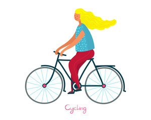 Fototapeta premium Woman cycling a bicycle. Hand drawn cartoon vector illustration isolsted on white background. Healthy lifestyle, travelling, enjoy life