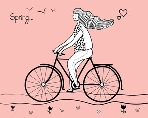 Fototapeta na wymiar Romantic woman cycling a bicycle. Hand drawn vector illustration. Healthy lifestyle, travelling, enjoy life