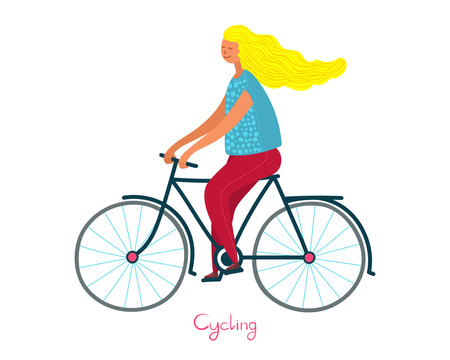 Woman cycling a bicycle. Hand drawn cartoon vector illustration isolsted on white background. Healthy lifestyle, travelling, enjoy life