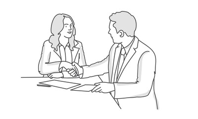 Man and woman shaking hands during meeting. Business people sitting at the table. Line drawing vector illustration.
