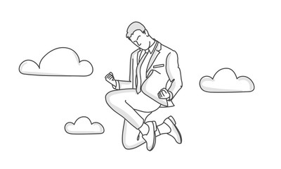 Successful businessman jumping in the clouds. Line drawing vector illustration.