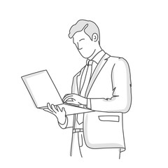 Businessman uses a laptop while standing. Line drawing vector illustration.