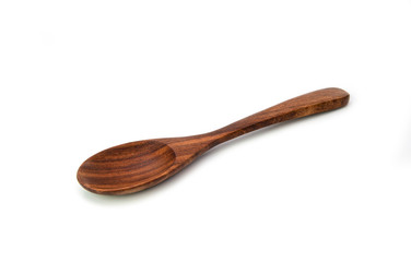 Single short handle teak wooden spoon isolated on white background