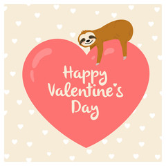 Valentine's day card with sloth hanging on heart shape - cute greeting for the celebration of love and romance