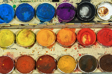 Extreme close up of an old box of Italian watercolors paints