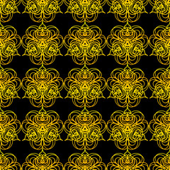 Black and gold ornamental seamless pattern. Vintage elements. Art deco damask design. Retro design for beauty spa salon, wrapping paper, ornaments, gift packaging, backdrop.