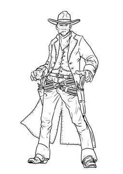 Gunfighter drawing. Cowboy with revolver on duel illustration. American wild west.