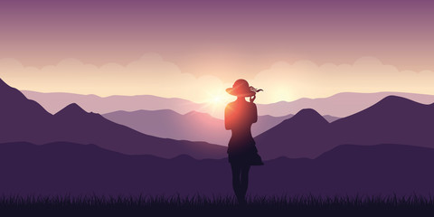 cute young girl at sunset in the purple mountains vector illustration EPS10