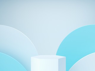 Minimal scene with hexagonal podium and abstract background. Geometric shape. Blue pastel colors scene. Minimal 3d rendering. Scene with geometrical forms and blue background. 3d render. 
