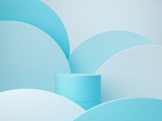 Minimal scene with podium and abstract background. Geometric shape. Blue pastel colors scene. Minimal 3d rendering. Scene with geometrical forms and blue background. 3d render. 