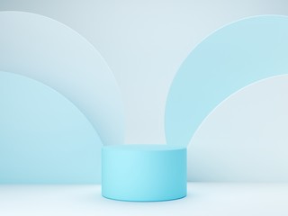 Minimal scene with podium and abstract background. Geometric shape. Blue pastel colors scene. Minimal 3d rendering. Scene with geometrical forms and blue background. 3d render. 