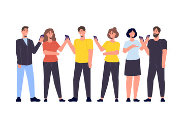 Obraz premium Diverse focus group of peoples concept. People with smartphone in hands. Vector illustration