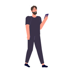 Man with phone in hand. Checking social networks. Vector illustration