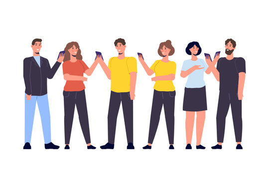 Diverse focus group of peoples concept. People with smartphone in hands. Vector illustration