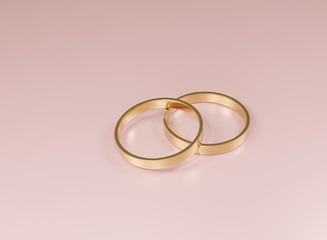 3d render of golden wedding rings that place on pink background for special time.