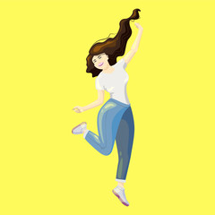 Fototapeta na wymiar a young cheerful woman. the girl jumps, happily throws her hands in different directions, one leg is bent, hair dynamically develops. The blonde brunette smiles broadly. happy woman in blue jeans and