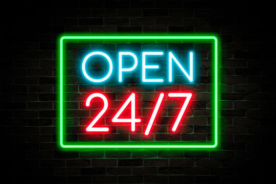 Neon light OPEN 24/7 Banner ,modern fashion, product advertising.