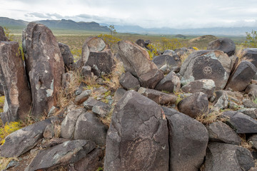 Collection of Native American petroglyphs in Petroglyph National monument, New Mexico, USA