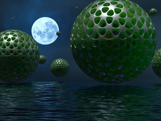 3D render fantastic spheres above the water at night.