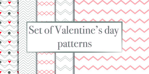 Simple ornament vector seamless patterns set. Use for ceramic tiles, wallpaper, linoleum, textiles, wrapping paper, web page, kids, postcard. Background with hearts.Valentine day, love symbol 