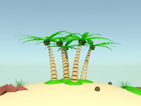 3d image of a desert island. Made of primitive geometrical figures.