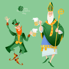 St Patrick (Apostle of Ireland) and Leprechaun hold beer jugs and dance. Saint Patrick’s Day.